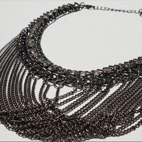 Necklace: Edgy Looking Multi Strand Chain with Crystals Gunmetal Color - Picture 4 of 8